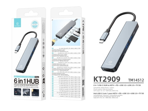 Techancy Hub USB-C 6 em 1 KT2909 com HDTV, PD, USB 3.0/2.0 e Leitor